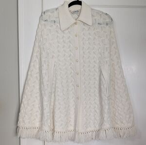 Cuddle Knit Ivory Open-Knit Fringe Cape Poncho Cardigan One Size